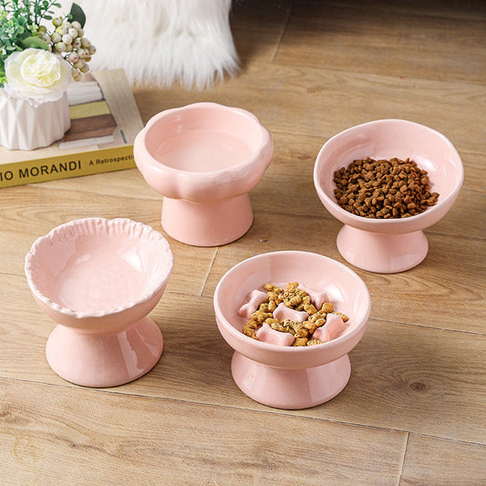 HKM-2015549 Large Ceramic Pet Bowl - Anti-Tumble Design in Pink, Beige, and Sky Blue for Cats
