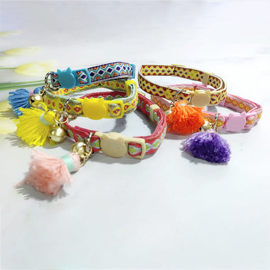 HKM-2034621 Anti-Suffocation Adjustable Cat Collar with Tassel Bell and Safety Buckle - Variety of Colors Available