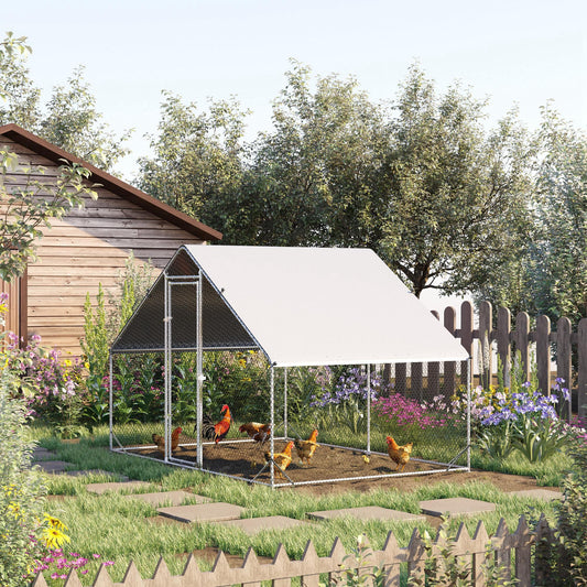 HKM-2057533 Large Metal Chicken Coop with Waterproof Cover - Walk-In Outdoor Run for Chickens, Rabbits, and Small Animals, 9.8' x 6.6' x 6.6'