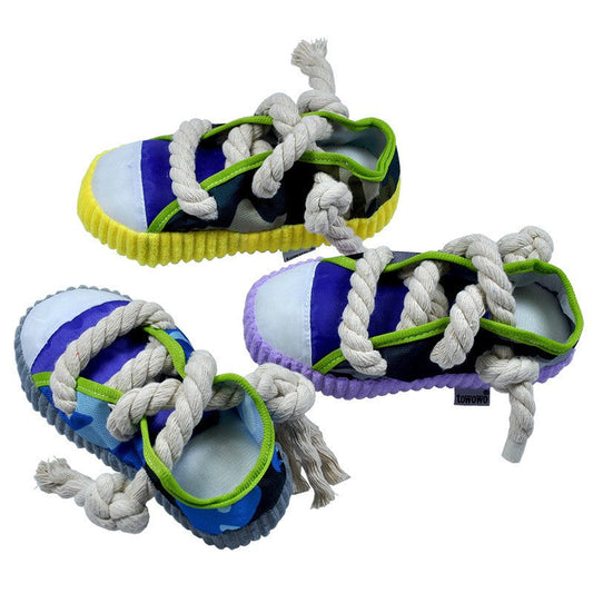 HKM-2064445 Pet Dog Toy Plush Shoe with Sound, Available in Black Rope-Yellow, Gray, and Purple, 7x8x18cm