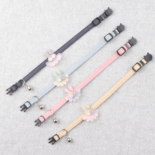 HKM-2109885 Pure Color Ribbon Pet Collar for Cats with Bell - Available in Gray, Brown, Light Blue, Khaki, and Pink