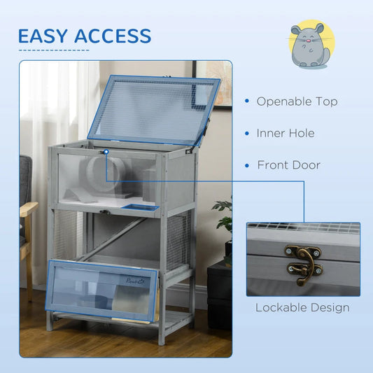 HKM-2136381 5-Tier Hamster Cage with Openable Top, Three Ladders, Storage Shelf, and Glass Front for Small Pets