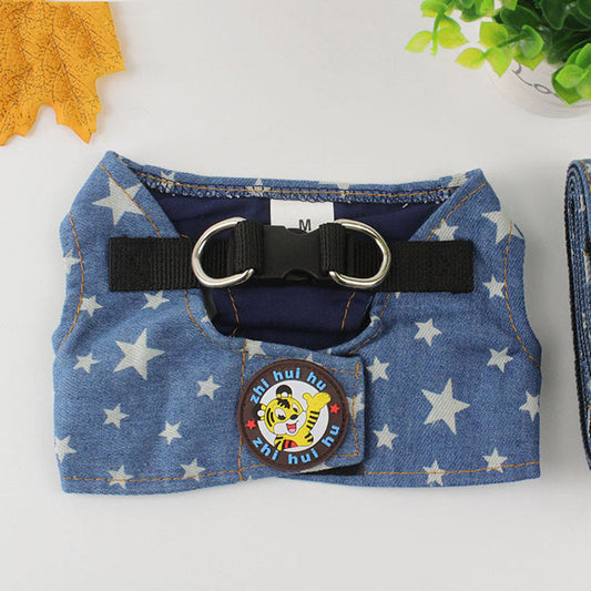 HKM-220307 Denim Star Pattern Small Dog Leash with Adjustable Bust Size Options