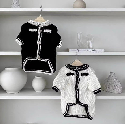 HKM-2209981 Korean Style Puppy Sweater with Pearl Collar in Classic Black and White