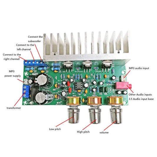 HKM-222419 3-Channel 2.1 Power Amplifier Board TDA2050/TDA2030A, 18W*2 + 32W Low-Noise Subwoofer Module