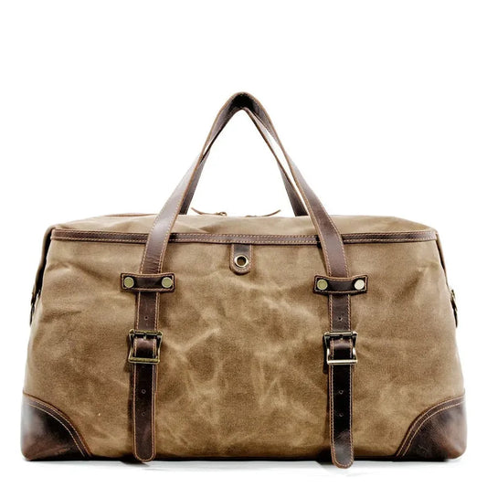 HKM-222483 Army Green Waterproof Waxed Canvas and Cowhide Leather Duffle Bag - 52cm x 22cm x 30cm