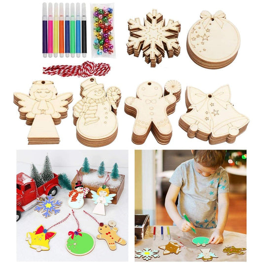 HKM-223699 Blank Wooden Christmas Ornaments for DIY Decorating - 24 Pack with Colors and Ropes