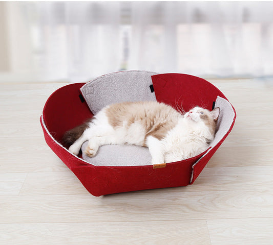HKM-2250557 Cozy Red Felt Cat Nest with Removable Lamb Down Lining, 47cm x 40cm x 25cm
