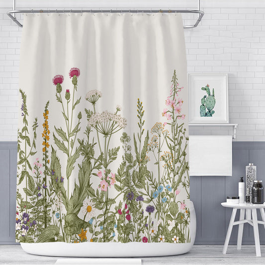 HKM-226579 Floral Plant Shower Curtain - Colorful Hand-Painted Leaves, Modern Polyester Design, Multiple Sizes Available