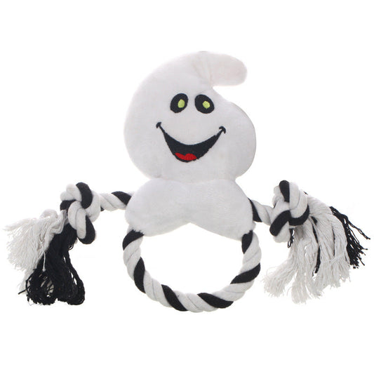 HKM-230803 Durable Cotton Rope Knot Toy for Dogs - Halloween Pumpkin, Ghost, and Black Cat Rings