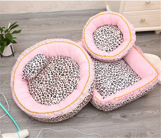 HKM-2337341 Pink Leopard Pattern Lace Dog and Cat House - Square & Round Nest Options