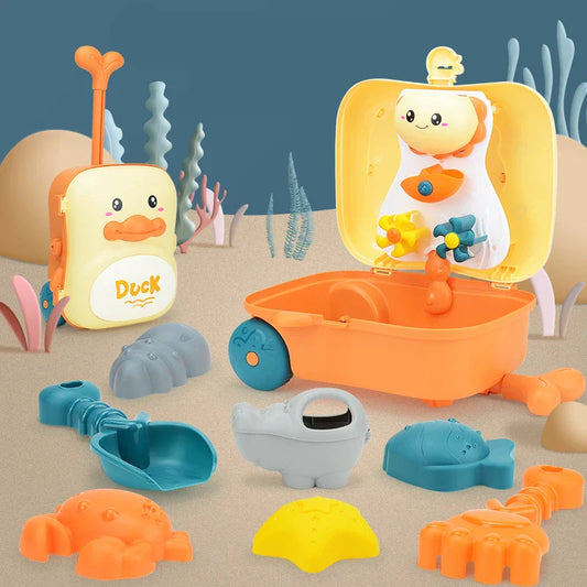 HKM-233875 8-Piece Dinosaur Trolley Case Beach Toy Set for Kids - Outdoor Multi-Play Summer Toys