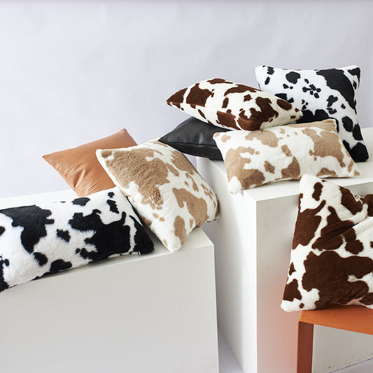 HKM-234003 Double-Sided Cow Flower Plush Pillow Cover - Modern Polyester Design, 50x50cm, 45x45cm, 30x50cm