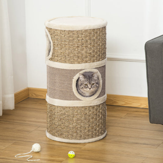 HKM-2341693 Three-Level Cat Condo with Plush Cover and Sisal Scratching Pads, 28 Inch Cat Tower