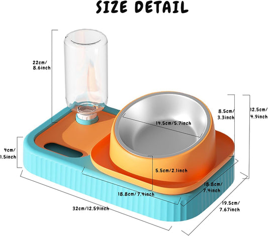 HKM-2388797 Elevated Double Pet Food and Water Bowl Set with Automatic Gravity Water Dispenser and Slow Feeder Design