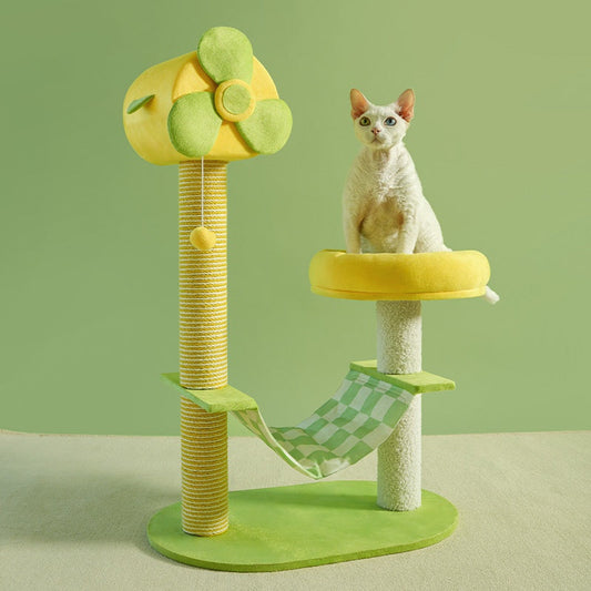 HKM-2390589 Durable Cat Climbing Tree with Scratching Posts, Hammock, Gel Pads, and Multi-Level Platforms