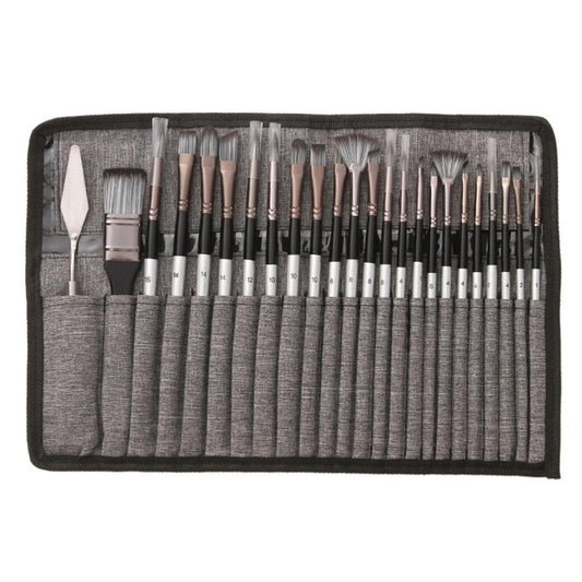 HKM-239443 24-Piece Nylon Hair Brush Set for Acrylic, Gouache, and Watercolor Painting with Scraper