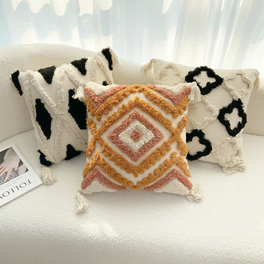 HKM-241811 Bohemian Geometric Tufted Pillow Cover with Tassels - 45x45cm