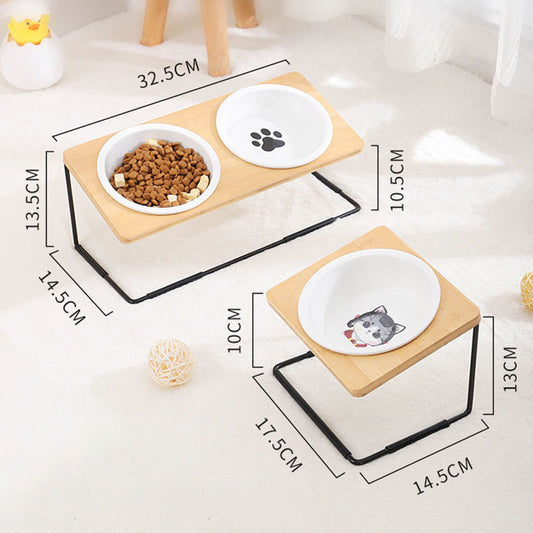 HKM-2431805 Ceramic Cat Bowl with Bamboo & Iron Rack for Chin and Neck Protection - 350ml Capacity