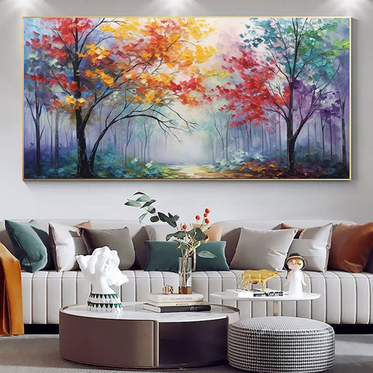 HKM-259731 Colorful Abstract Tree Oil Painting – Hand-Painted Late Autumn Forest Landscape Canvas Art for Home Decor