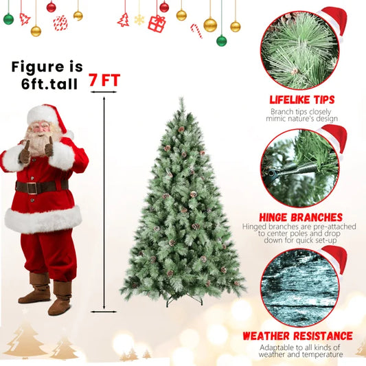 HKM-263699 7ft Artificial Christmas Tree with Mixed Branch Tips and Pine Cones - Foldable Hinged Base for Indoor Use
