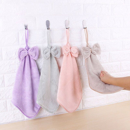 HKM-270419 Lightweight Microfiber Coral Velvet Bow Towel - Absorbent Hand Towel in 4 Colors, 30x30cm