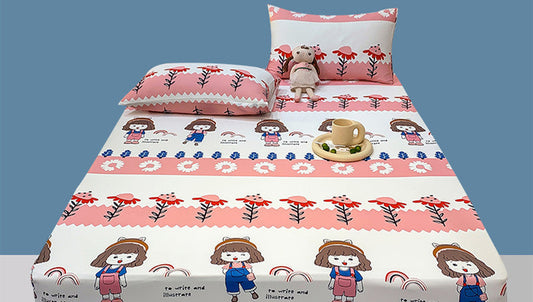 HKM-271315 Cotton Elastic Fitted Bed Sheet Set with Geometric Print – Queen/King Size Bedspread and Pillowcases