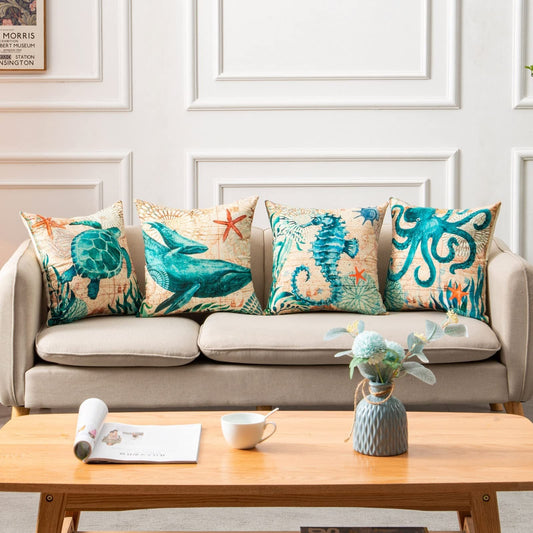 HKM-274835 Sea Turtle Printed Cushion Cover – Linen Throw Pillow Case for Home Decor, 45x45cm