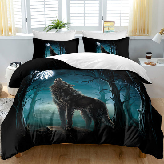 HKM-279059 Watercolor Forest Wolf Duvet Cover Set - Soft Microfiber Bedding in Twin, Full, Queen, King Sizes
