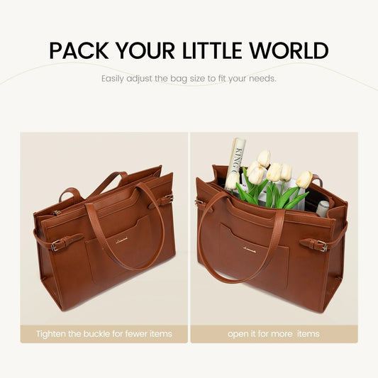HKM-282899 Professional Leather Laptop Bag for Women, 15.6-Inch Office Tote Briefcase for Work