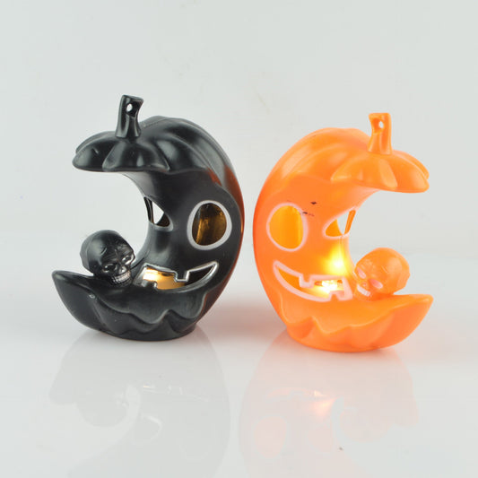 HKM-284947 Luminous Moon Pumpkin Lamp - Decorative Plastic Light in Orange and Black, 8.5cm Size