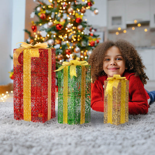 HKM-289235 Illuminated Green Gold Christmas Gift Box Set - 3 Sizes (18in, 15in, 11in) for Indoor & Outdoor Decor