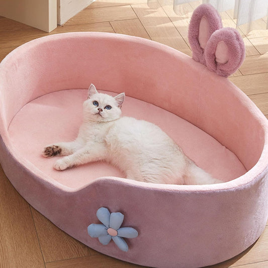 HKM-2924605 Cute Pink Detachable Dog Bed with Rabbit Ears - Soft, Washable, and Cozy for Small to Medium Pets