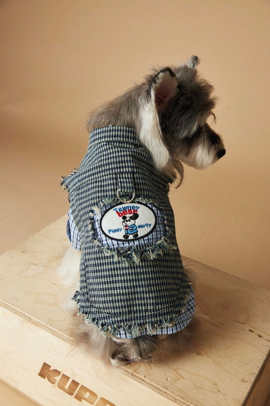 HKM-2943165 Washed Blue Plaid Sleeveless Denim Vest for Pets