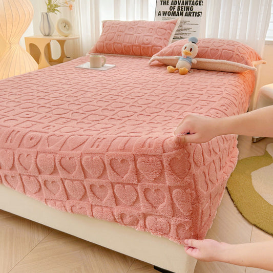 HKM-298323 Milk Fiber Solid Color Fitted Sheet with 3D Carved Design and Pillowcases - Multiple Sizes Available