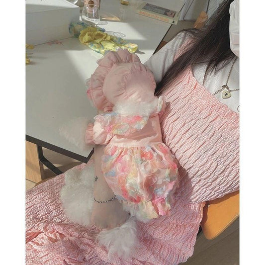 HKM-2983485 Lemon Yellow, Light Shrimp Powder & Lavender Mesh Dog Skirt with Matching Hat