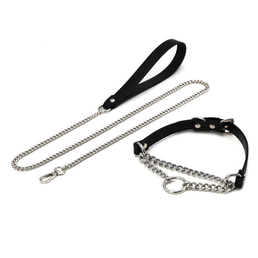 HKM-301331 Black Cowhide Leather Collar with Leash for Punk and Sub-culture Enthusiasts