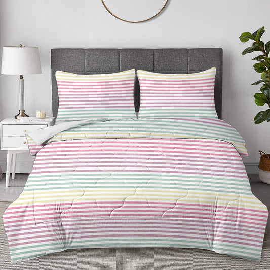 HKM-303763 Rainbow Striped Comforter Set with 2 Pillow Shams - Soft Microfiber Bedding for Full Size Comfort