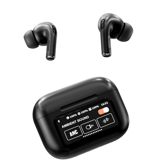 HKM-306067 Smart Touch Screen Wireless Earbuds with Active Noise Cancellation and Environmental Noise Cancellation – Bluetooth 5.4, Low Latency, Black/White