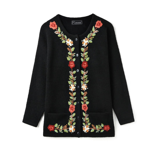 HKM-307603 Handmade Mauhair Women's Long Sleeve Crew Neck Embroidered Knitted Cardigan Retro Antique Floral Casual Winter Button Plus Front
