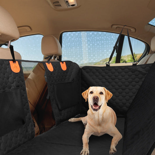 HKM-3101501 Dog Car Back Seat Cover with Zipper Mesh Window, Waterproof 600D Oxford Cloth, Anti-Slip Seat Protector with Storage Bags for Cars, SUVs, and Trucks