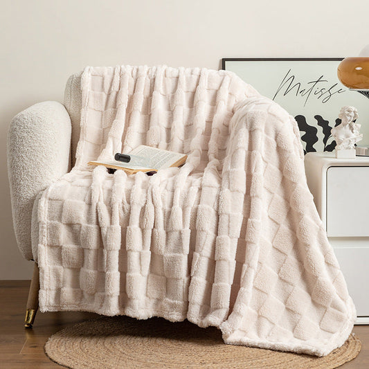 HKM-310675 Thickened Checkered Jacquard Nap Wool Blanket - Available in Milky White and Hulan