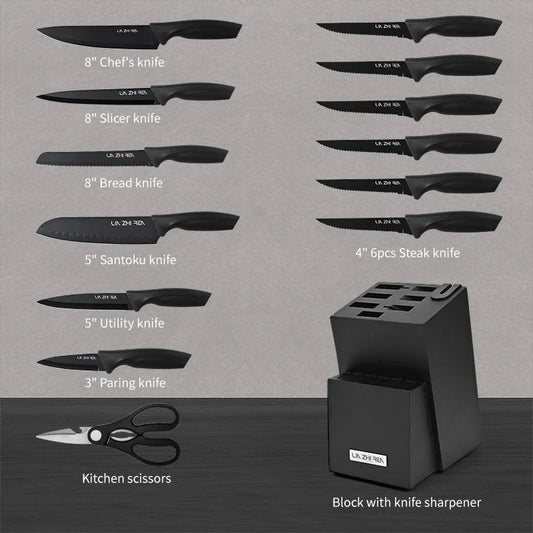 HKM-312851 15-Piece Professional Black Non-Stick Coating Stainless Steel Knife Block Set with Kitchen Scissor