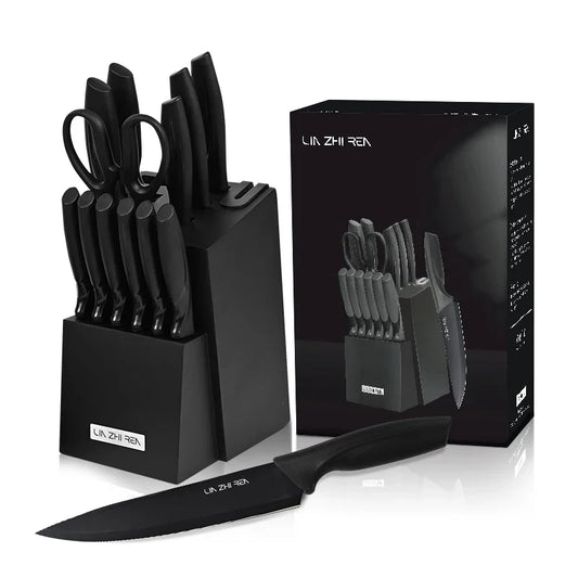 HKM-312851 15-Piece Professional Black Non-Stick Coating Stainless Steel Knife Block Set with Kitchen Scissor
