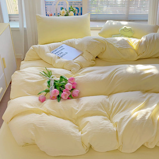 HKM-317587 Washed Cotton Four-Piece Duvet Cover and Sheet Set in Solid Colors