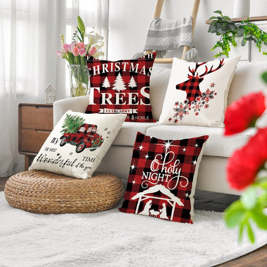 HKM-326291 Cartoon Elk Letter Printed Pillow Case with Snowflakes and Cars, 45x45cm