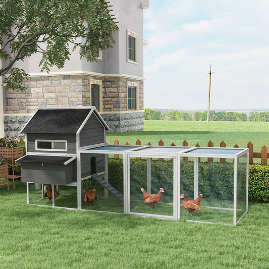 HKM-3269949 Wooden Chicken Coop for 8-10 Chickens - Gray, 137" Deluxe House with Nesting Boxes, Ramp, and Run