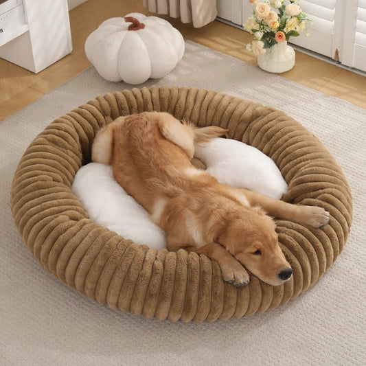 HKM-3295165 Soft Striped Plush Round Pet Bed for Cats and Small Dogs