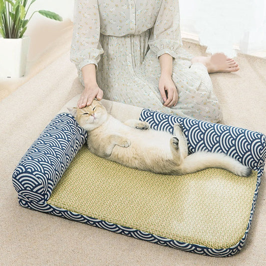 HKM-3330109 Stylish Summer Pet Nest Mat with Straw Weaving and Zen Design for Cats and Small Dogs