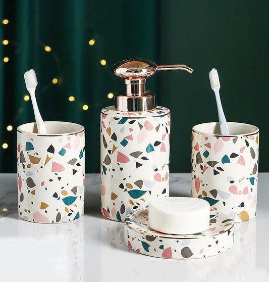 HKM-333651 Luxury Ceramic Bathroom Accessories Set - 4-Piece Soap Dispenser and Mouthwash Cup Collection